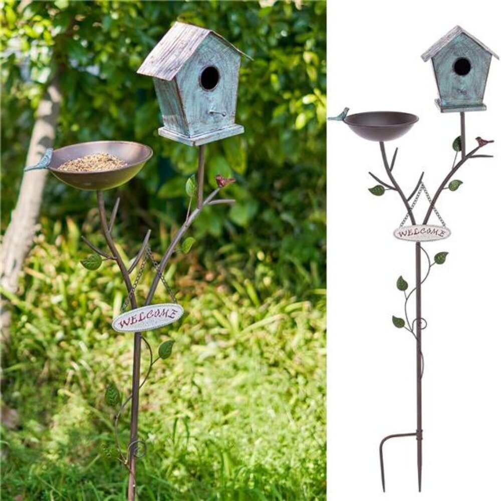 Bird Baths and BirdHouses with Pole, Distressed Metal Bird Bath Bowl